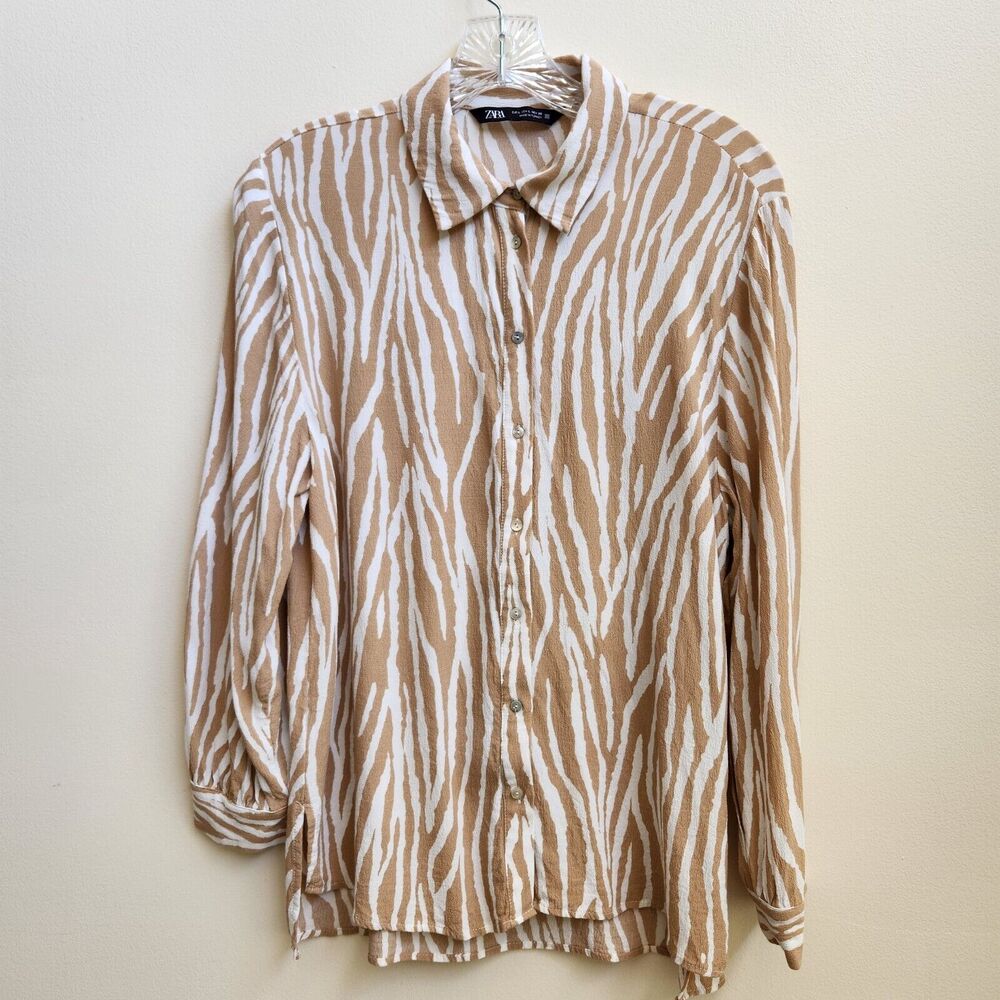 Zara Top Women's L Beige White Abstract 3/4 Sleeve Button Career Office Neutral
